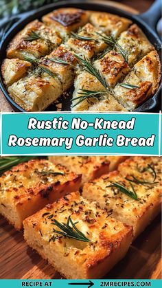 rustic no - knead rosemary garlic bread recipe on a wooden table with text overlay that reads rustic no - knead rosemary garlic bread