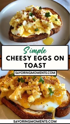 an egg and cheese sandwich on toast with the words simple cheesy eggs on toast