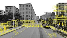 an image of a city street with yellow lines on it