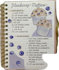 a recipe book with blueberry muffins on it's pages and instructions