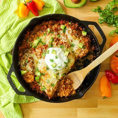mexican chicken and cauliflower rice skillet recipe in a cast iron skillet