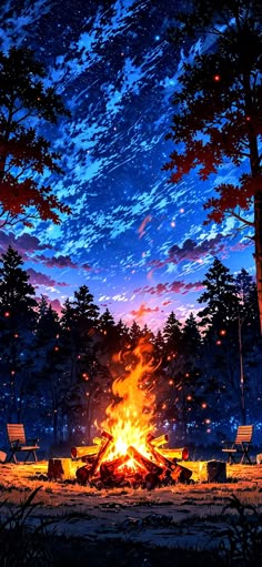 a campfire in the middle of a forest at night