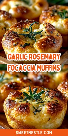 garlic rosemary focaccia muffins on a plate with text overlay