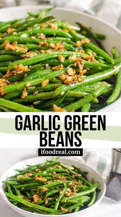 garlic green beans in a white bowl with seasoning on top and the title overlay reads garlic green beans