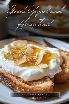 there is a piece of bread with cream and nuts on it, along with the words great yogurt and honey toast