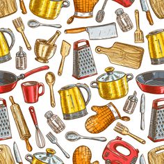 an image of kitchen utensils and cooking tools seamless pattern background stock photo