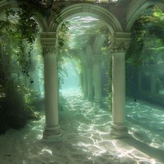 an underwater walkway in the middle of some water with columns and trees growing on either side