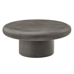 a grey round table with a black base on it's side, viewed from the front