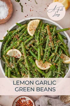 lemon garlic green beans in a white bowl