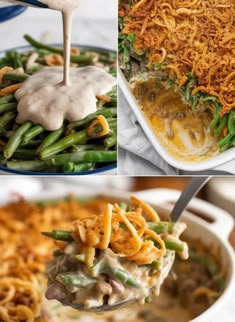 four different pictures with food in them including green bean casserole, chicken noodle casserole and noodles