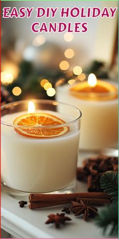 an easy diy holiday candles recipe with orange slices and cinnamons on the side