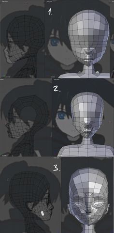 an animation character's head is shown in three different angles, including the upper half of