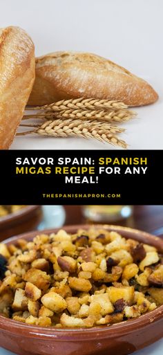 some breads and other food items on a table with the words savor spain spanish macaroni recipe for any meal