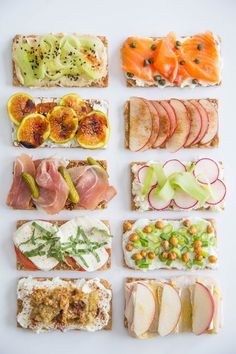an assortment of different types of food on bread