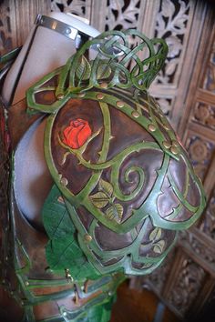 Briar Rose Elven Leather Armor - Imgur Rose Armour, Floral Armor, Elven Armor Bracers, Ornate Leaf-themed Armor, Rose Armor, Green And Gold Elven Armor, Briar Rose Elven Leather Armor, Leaf Armor Elves, Elf Leather Armor Wip