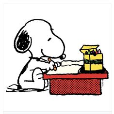 a drawing of a person writing in a box with a dog on the side and presents