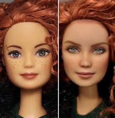 two dolls with freckles on their faces and one is wearing a green dress