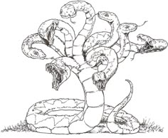 a black and white drawing of a tree with two snakes on it's trunk