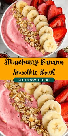 two bowls filled with strawberry banana smoothie bowl