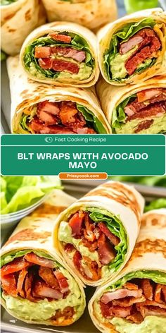 several wraps with avocado and bacon are stacked on top of each other in different positions