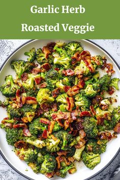 a white plate topped with broccoli and bacon