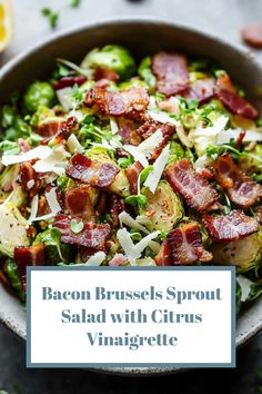This Pinterest pin shows a close up of bacon Brussels sprout salad. You can quickly learn to make a tasty salad with an easy recipe. The salad looks yummy.