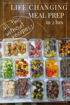 the meal prep tray is full of vegetables and meats