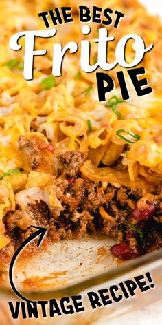 the best frito pie vintage recipe is on display with an arrow pointing to it