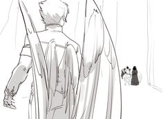 a drawing of a man standing in front of an angel