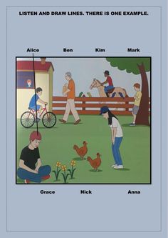 an image of children playing in the park with animals and people around them, as well as words describing how to draw lines there is one example