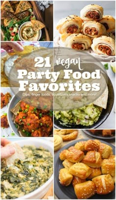 the cover of 21 vegan party food favorites, including sandwiches and dips