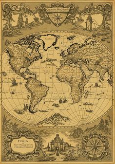 an old world map with people around it