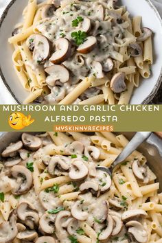 mushroom and garlic chicken alfredo pasta in a skillet