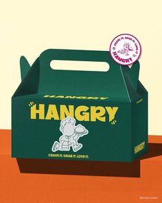 a green box with the word hangry on it and a sticker above it