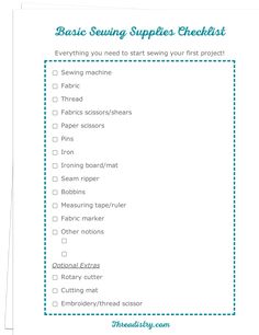the basic sewing supplies checklist is shown in blue and white with green trimmings