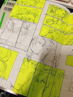 an open comic book with yellow pages and black lines on the page, in front of a pile of other comics