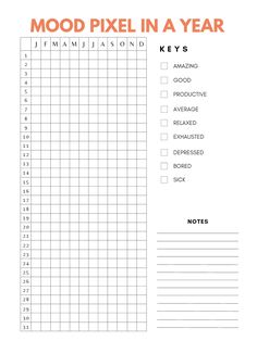 a printable mood pixel in a year calendar with the words mood pixel in a year