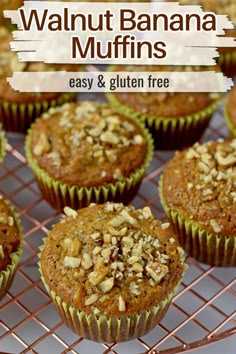 Walnut banana muffins on a wire rack.