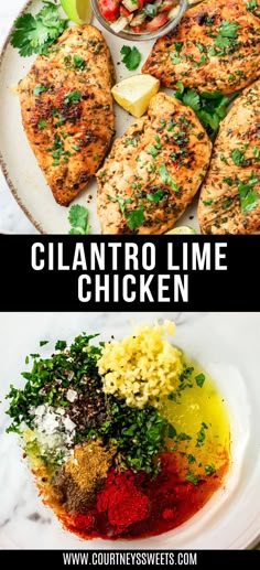 two plates with different types of food and the words cllantro lime chicken on them