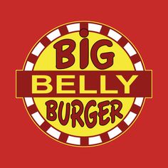 the big belly burger logo is shown in red, yellow and white stripes on a red background