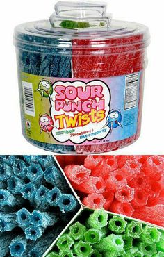 three different colors of soury twisters are shown in the same container, and one is