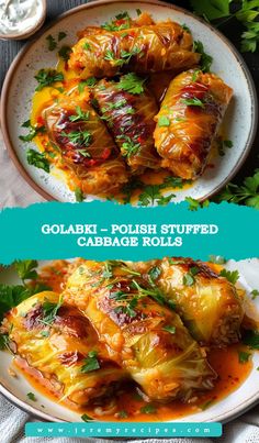 two plates with cabbage rolls on them and the same one has been cooked in it