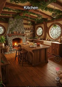 an image of a kitchen with wood flooring and stone fireplace in the center surrounded by potted plants