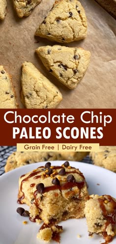 chocolate chip paleo scones on a white plate with text overlay that reads,