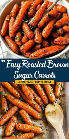 roasted brown sugar carrots in a bowl with a wooden spoon