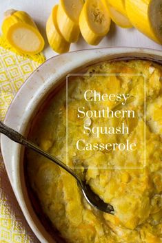 cheesy southern squash casserole in a bowl with a spoon