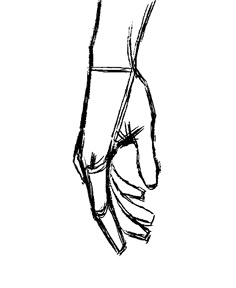 a black and white drawing of a hand holding something in it's left hand