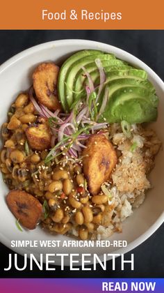 a white bowl filled with beans and avocado on top of a black table