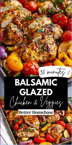 balsamic glazed chicken and veggies with text overlay