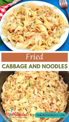 this is an image of fried cabbage and noodles in a skillet with text overlay